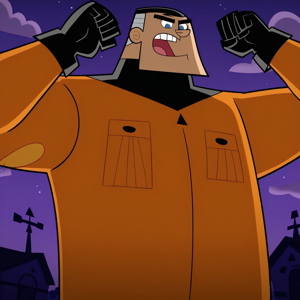 1boy, robust physique, solo, male, broad shoulders, square jaw, short black hair, white streaks in hair, orange jumpsuit, black gloves, black boots, black undersuit, utility pockets, tall figure, cartoonish proportions, blue eyes, thick eyebrows, fat man, 4k, masterpiece, best quality, highly detailed, detail background, He is in a cemetery at dusk, at night, perfect decoration, relaxing pose, arms pose, while posing seductively, down angle, from below, close up, upper body