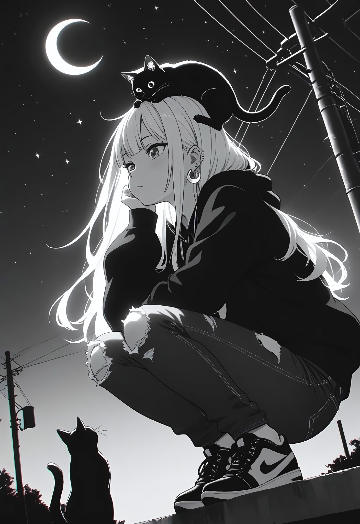 masterpiece, best quality, amazing quality, LDSCH, aesthetic, 1girl, crescent_moon, cat, virtual_youtuber, animal_on_head, on_head, long_hair, moon, sneakers, sky, shoes, power_lines, solo, cat_on_head, squatting, pants, bangs, hood, jewelry, night, earrings, outdoors, utility_pole, torn_pants, torn_clothes, star_\(sky\), ear_piercing, piercing, hoodie, head_rest, animal, black_cat, hair_behind_ear, jacket, monochrome, starry_sky, night_sky, torn_jeans, sitting