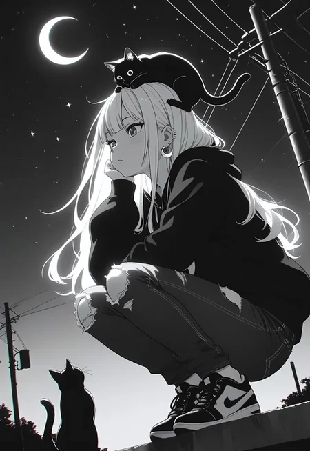 masterpiece, best quality, amazing quality, LDSCH, aesthetic, 1girl, crescent_moon, cat, virtual_youtuber, animal_on_head, on_head, long_hair, moon, sneakers, sky, shoes, power_lines, solo, cat_on_head, squatting, pants, bangs, hood, jewelry, night, earrings, outdoors, utility_pole, torn_pants, torn_clothes, star_\(sky\), ear_piercing, piercing, hoodie, head_rest, animal, black_cat, hair_behind_ear, jacket, monochrome, starry_sky, night_sky, torn_jeans, sitting