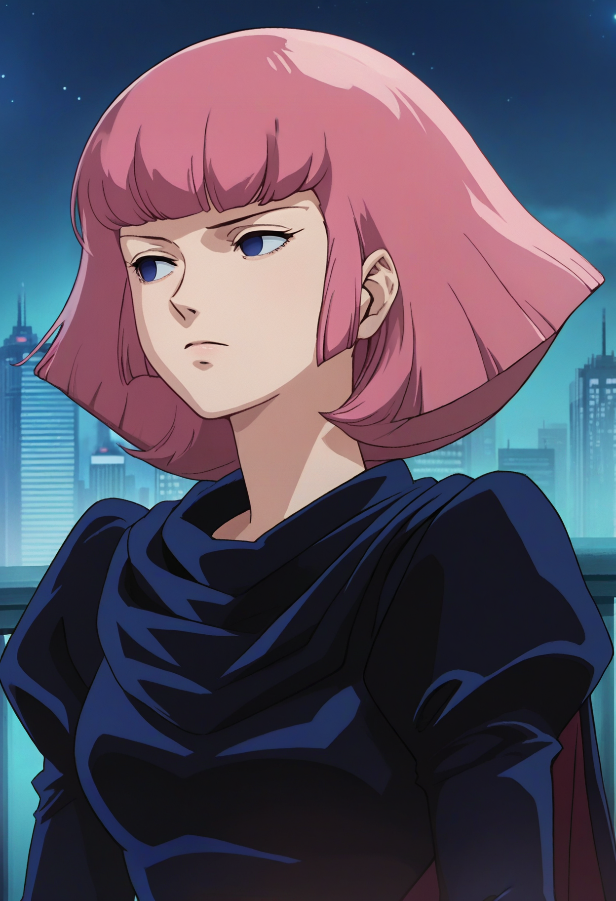 score_9, score_8_up, score_7_up, score_6_up, source_anime, <lora:HamanKarn:0.7>, HamanKarnDEF, pink hair, short hair, blue eyes, empty eyes, blunt bangs,
blue dress, puffy sleeves, cape,
looking away, upper body, 
BREAK, night sky, night, cityscape,