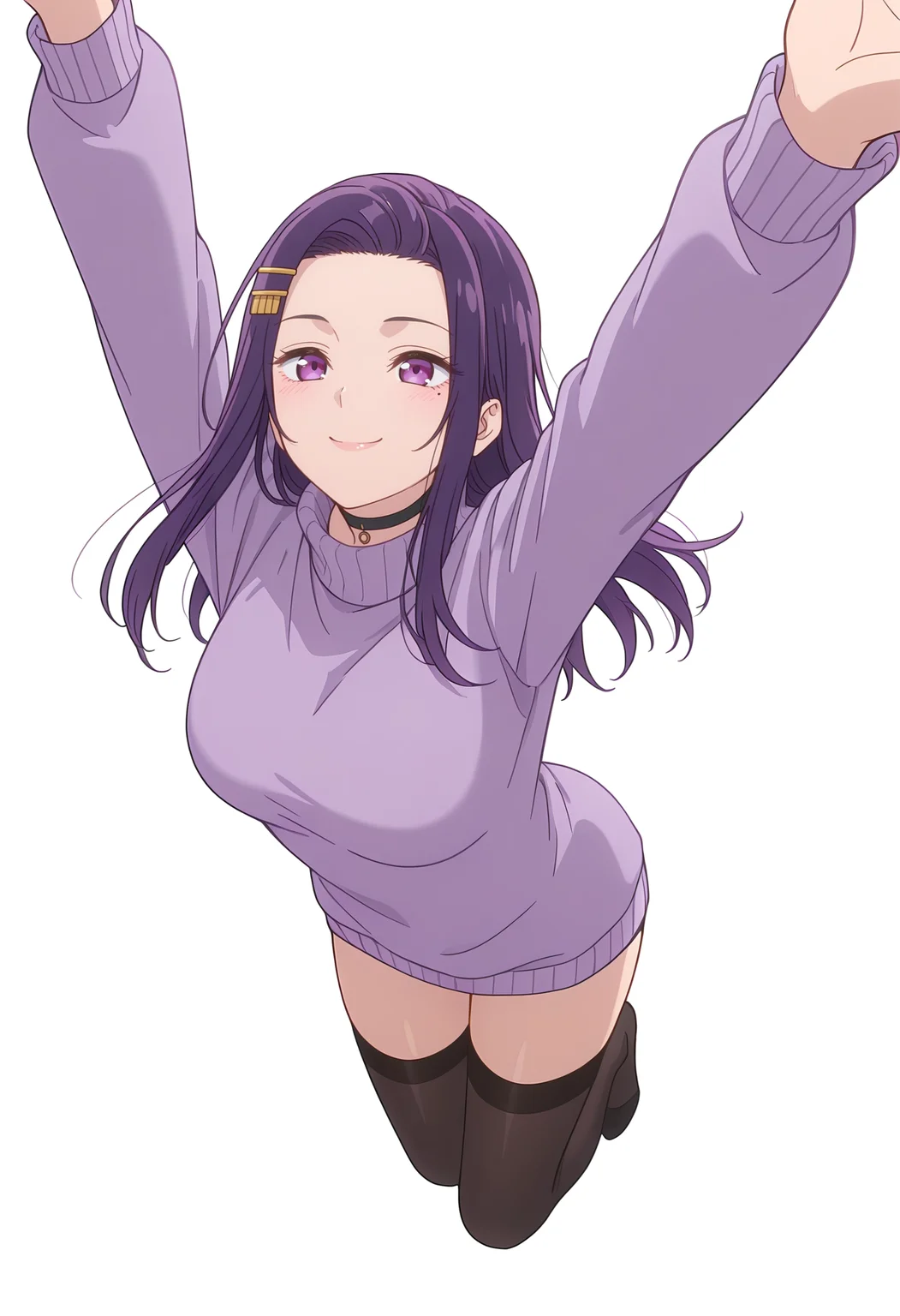 Smooth Quality,masterpiece,beautiful aesthetic, very intricate, high quality details, ultra realistic, high detailed skin,
simple background, white background, 
pensive,from above,jumping, arms raised, legs bent, happy face, energetic posture,  ,
thighhighs, ,turtleneck sweater, 
 <lora:Akino_Sayuricnn:0.8> sayuri/cnn, purple hair, long hair, 1girl, hairclip, mole under eye,choker,