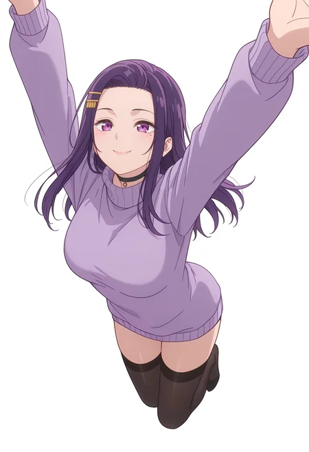 Smooth Quality,masterpiece,beautiful aesthetic, very intricate, high quality details, ultra realistic, high detailed skin,
simple background, white background, 
pensive,from above,jumping, arms raised, legs bent, happy face, energetic posture,  ,
thighhighs, ,turtleneck sweater, 
 <lora:Akino_Sayuricnn:0.8> sayuri/cnn, purple hair, long hair, 1girl, hairclip, mole under eye,choker,