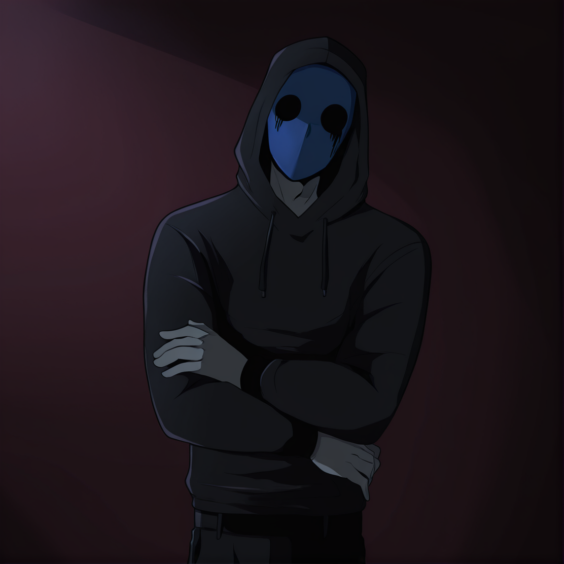 <lora:Eyeless_Jack:1> jack, hood, solo, blue mask, 1boy, male focus, grey skin, black outfit, black pants, crossed_arms, masterpiece, high quality, dark bedroom background, <lora:DarkerThanBlackIllustrious:1> masterpiece \(quality\), dark, dim lighting