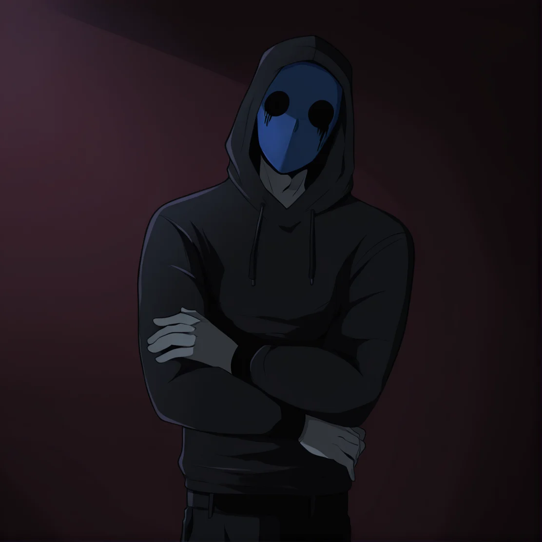 <lora:Eyeless_Jack:1> jack, hood, solo, blue mask, 1boy, male focus, grey skin, black outfit, black pants, crossed_arms, masterpiece, high quality, dark bedroom background, <lora:DarkerThanBlackIllustrious:1> masterpiece \(quality\), dark, dim lighting