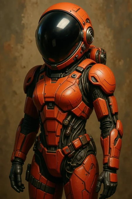 IMG_123141.CR2, woman.jpg, zilcova, A futuristic astronaut in a highly detailed space suit, featuring intricate red and orange designs, equipped with advanced technology like a reflective helmet and various gadgets. The astronaut stands against an abstract backdrop of earthy tones and textures, embodying the spirit of sci-fi exploration and innovation.