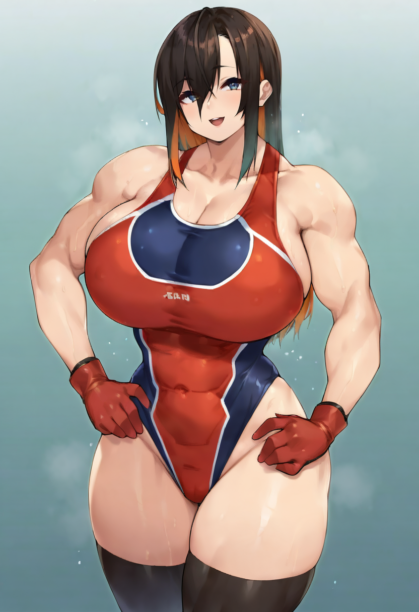 score_9, score_7_up,  1girl, 
huge breasts, wide hips, thick thighs, toned, orange hair, colored inner hair, breasts, thighhighs, alternate body size, black hair, thighs, looking at viewer, red gloves, highleg, blue background, one-piece swimsuit, muscular female, smile, hands on own hips, black thighhighs, long hair, swimsuit, multicolored hair, standing, cleavage, blue one-piece swimsuit, cowboy shot, hair between eyes, two-tone hair, light particles, open mouth, gloves, solo, muscular, school swimsuit, highleg swimsuit, :d, covered navel
 <lora:Sera23-Style-PonyXL-DoRA-000044:1>