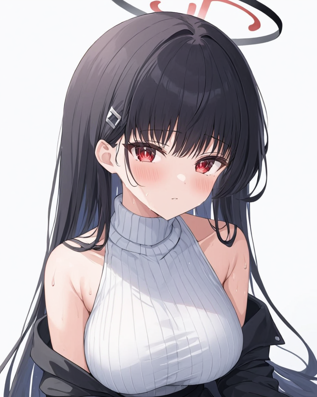 rio \(blue archive\),1girl, solo, halo, large_breasts, hairclip, blush, black_jacket, looking_at_viewer, parted_lips, black_skirt, white_sweater, sweat, simple_background, open_jacket, bare_shoulders, off_shoulder, white_background, sleeveless_sweater, upper_body, long_sleeves, turtleneck_sweater, ribbed_sweater
<lora:rio_(blue_archive)_image2123_2023-12-03:1>halo. gorgeous,key visual, vibrant, studio anime,award-winning, professional, highly detailed,high budget, cinemascope