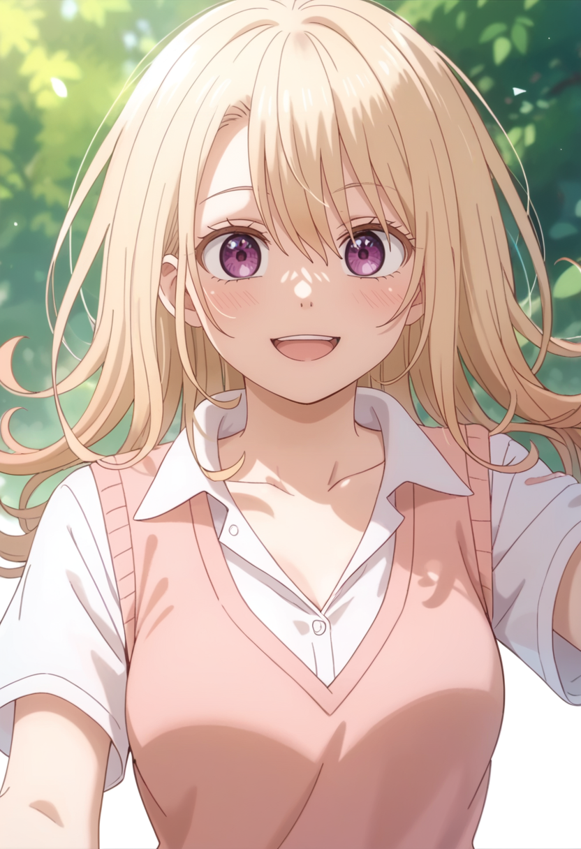 score_9_up,score_8_up,score_7_up,<lora:Mona KAWAII -1.0_pony-000020:1>,
(HY)_CJ,solo,blonde hair,looking at viewer,long hair,pink sweater vest,collared shirt,white shirt,collarbone,closed mouth,hair between eyes,purple eyes,simple background,smile,upper teeth only,cowboy_shot,plaid,green skirt