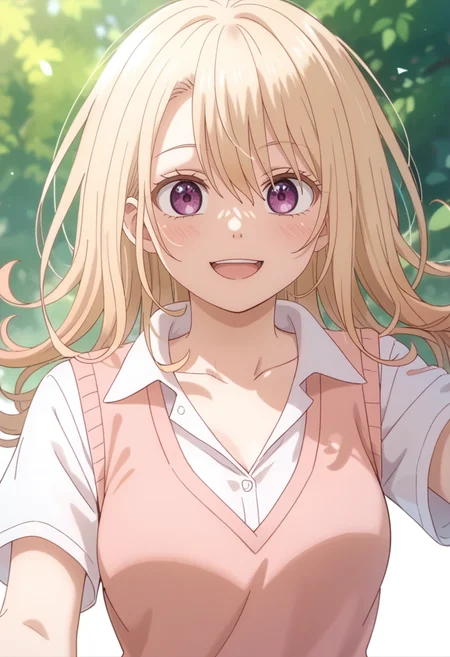 score_9_up,score_8_up,score_7_up,<lora:Mona KAWAII -1.0_pony-000020:1>,
(HY)_CJ,solo,blonde hair,looking at viewer,long hair,pink sweater vest,collared shirt,white shirt,collarbone,closed mouth,hair between eyes,purple eyes,simple background,smile,upper teeth only,cowboy_shot,plaid,green skirt