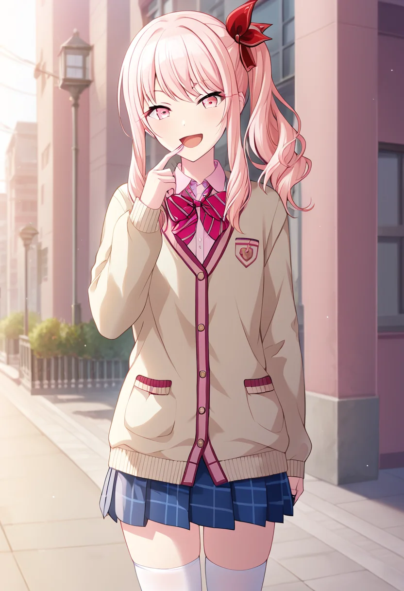 akiyama_mizuki, pink hair, long hair, side ponytail, pink eyes, school uniform, skirt, cardigan, bow, thighhighs, androgynous, plaid, plaid skirt, white thighhighs, red bow, long sleeves, pink theme, beige cardihan, pink collar, plaid ribbon,1other, official art BREAK outside, city street, BREAK looking at viewer, sexy face, sexy smile, open mouth, cowboy shot BREAK score_9, score_8_up, score_7_up, source_anime ,zPDXL, perfect hand, <lora:Akiyama_Mizuki:0.8>