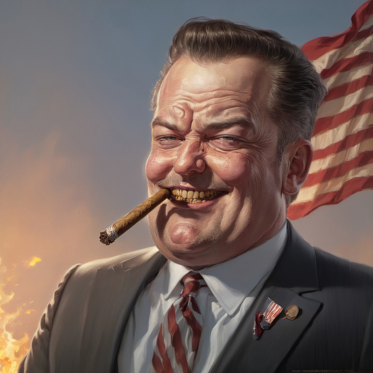 edrepkastyle, a fat man smoking a cigar, business suit, ((ugly)), smirking, smug, looking at viewer, ((money burning, American flag burning)), ((exaggerated features)), ((colored lighting, horror)), 

masterpiece, oil painting, highly detailed, painting, album cover
