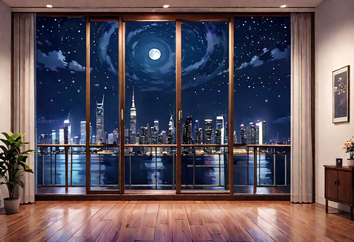 ((((front view)))), Shallow scene, ((animation style)), (((City high-rise building scenery))), ((((City scenery outside the window)))), ((sense of mystery)), (night), starry sky, moonlight, (weak light), (Facing the window), (open window), modern-style interior, Wooden floor, with white walls, (large windows), ((((sofa and coffee table by the window sill)))), carpet, a living room, (((Sofa placed horizontally))), (Behind the sofa is the window sill),