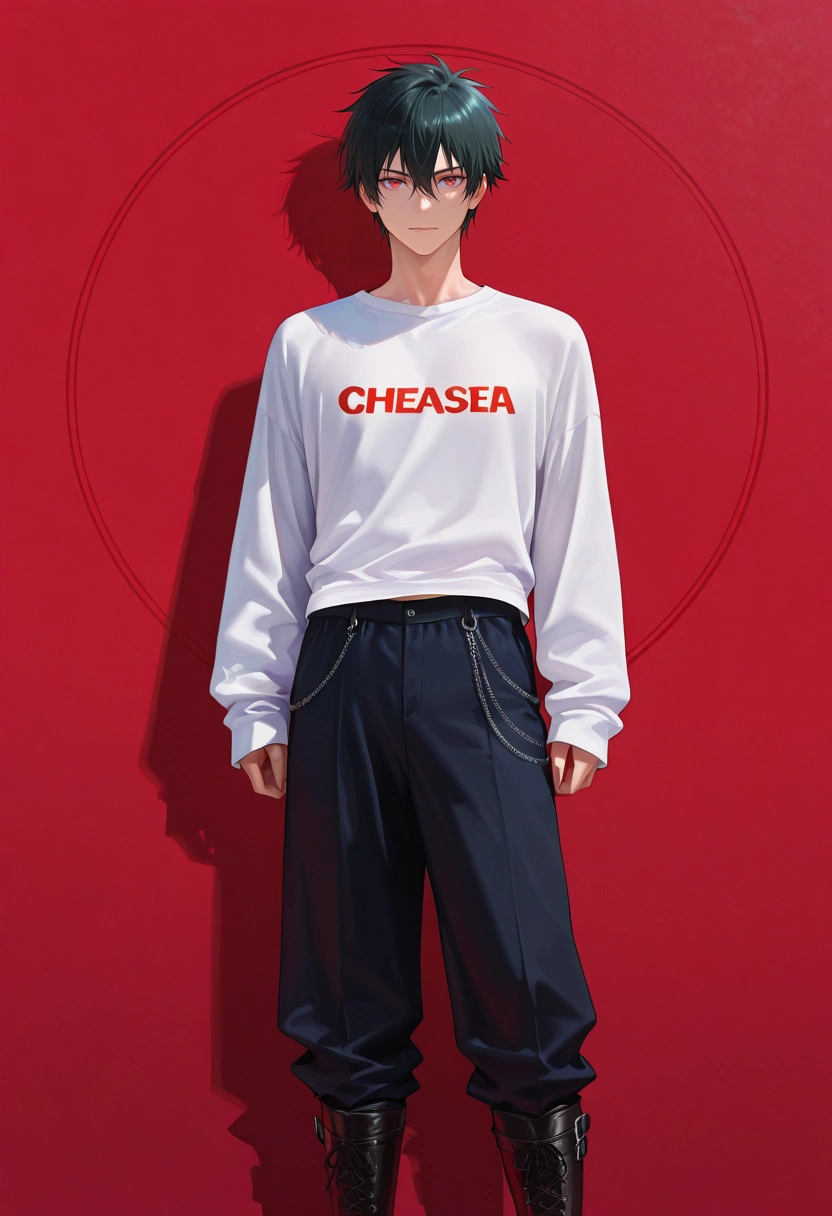 masterpiece, best quality, intricate details, (photorealistic:0.6), looking at viewer, 1boy, solo, male focus, <lora:sadao_maou_ilxl:0.9>, sadao_maou, black hair, red eyes, short hair, hair between eyes, , Cropped chinos, Long-sleeve shirt, Chelsea boots, ,