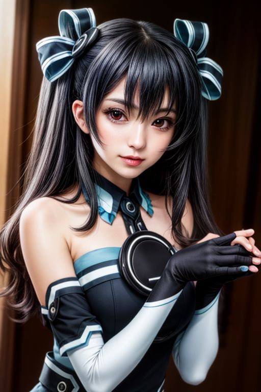 score_9, score_8_up, score_7_up, score_6_up, score_5, score_4, masterpiece, best quality, high resolution, highly detailed, perfect lighting, 1girl, solo,uni, 1girl, solo, red eyes, black hair, long hair, two side up, hair between eyes, hair ribbon, black dress, sleeveless dress, ribbon, bare shoulders, black gloves, elbow gloves, fingerless gloves, looking at viewer