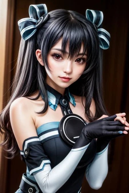 score_9, score_8_up, score_7_up, score_6_up, score_5, score_4, masterpiece, best quality, high resolution, highly detailed, perfect lighting, 1girl, solo,uni, 1girl, solo, red eyes, black hair, long hair, two side up, hair between eyes, hair ribbon, black dress, sleeveless dress, ribbon, bare shoulders, black gloves, elbow gloves, fingerless gloves, looking at viewer