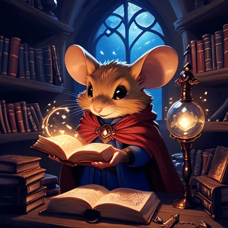 core_9, score_8_up, score_7_up, <lora:MazesMicePony:0.8> MazesAndMice, The image is an illustration of a mouse sitting at a desk in a library. The mouse is wearing a blue robe and has a red cape draped over its shoulders. It is holding a crystal ball in its paws and appears to be reading a book. The book is open and there are various objects scattered around the desk including a lamp a vase and a stack of books. The background is filled with bookshelves and there is a window with a view of the night sky. The overall mood of the image is magical and whimsical., mouse, book, sword, weapon, mouse ears, cape, bookshelf, fantasy, furry, magic