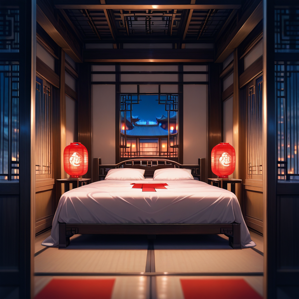 masterpiece,best quality,amazing quality,  <lora:IL East_Asian_brothel_bedroom:0.8> eabober, scenery, east asian architecture, lattice window, red paper lantern, bedroom, depth of field, night, large bed,  <lora:IL_Between_pencils_and_semi-realism_Style:0.5> stbedap