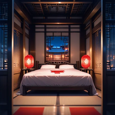 masterpiece,best quality,amazing quality, <lora:IL East_Asian_brothel_bedroom:0.8> eabober, scenery, east asian architecture, lattice window, red paper lantern, bedroom, depth of field, night, large bed, <lora:IL_Between_pencils_and_semi-realism_Style:0.5> stbedap