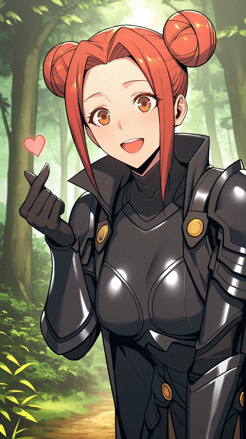 masterpiece, best quality, amazing quality, girl, finger heart, <lora:Akari Shimizu - Illu:0.9>, akari_shimizu_sl, red hair, double bun, parted hair, hair intakes, brown eyes, black coat, black armor, high collar, black gloves, black armguards, forest, vegetation, nature, happy, solo,