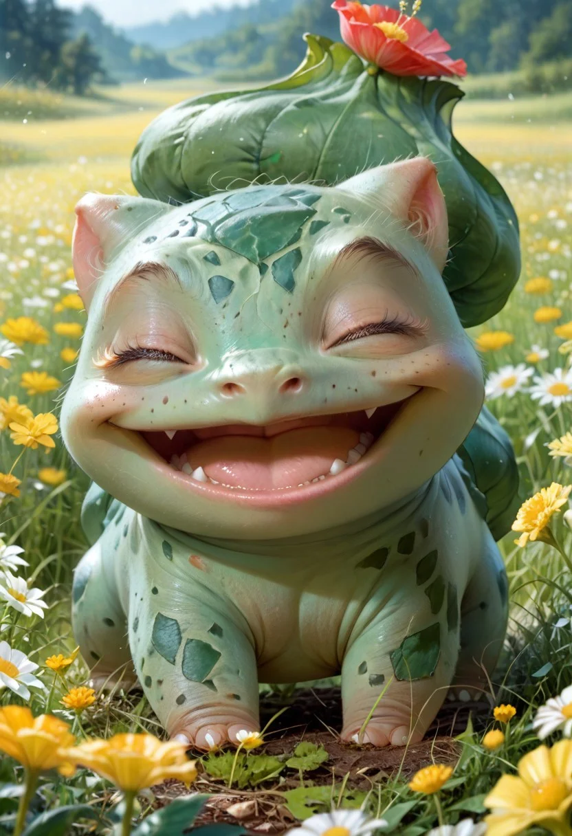 score_9, score_8_up, score_7_up, (source_anime, rating_safe), solo,  (zzBulbasaur, chibi body), (eyes closed, wide smile, open mouth), (meadow, flowers, Windy), (detailed image, high resolution, 5k resolution:1.0), (chibi art style:1.1)