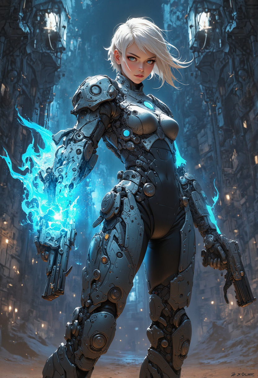 Dark Fantasy Art, A highly detailed, realistic image of a female space mercenary. She stands confidently on an alien planet, her face visible without a helmet, revealing determined eyes and a focused expression. She has short, blonde hair that flows slightly in the alien breeze. Her skin tight futuristic armor is sleek yet powerful, adorned with intricate metallic and glowing elements in a mix of deep blue and silver tones. The armorâs design includes  illuminated tech details. The background shows a  dimly lit space station. The interior is sleek yet dilapidated, with flickering lights and cables dangling from the ceiling
she fires her plasma pistol at the viewer in one hand while the other glows with magical blue colored power
<lora:CPA:0.8> <lora:FluxMythP0rtr4itStyle:0.6> mythp0rt <lora:FLUX-daubrez-DB4RZ-v2:0.3> DB4RZ, glow effects, godrays, Hand drawn, render, 8k, octane render, cinema 4d, blender, dark, atmospheric 4k ultra detailed, cinematic, Sharp focus, big depth of field, Masterpiece, colors, 3d octane render, 4k, concept art, trending on artstation, hyperrealistic, Vivid colors, extremely detailed CG unity 8k wallpaper, trending on CGSociety, Intricate, High Detail, dramatic, dark, moody, dark fantasy style