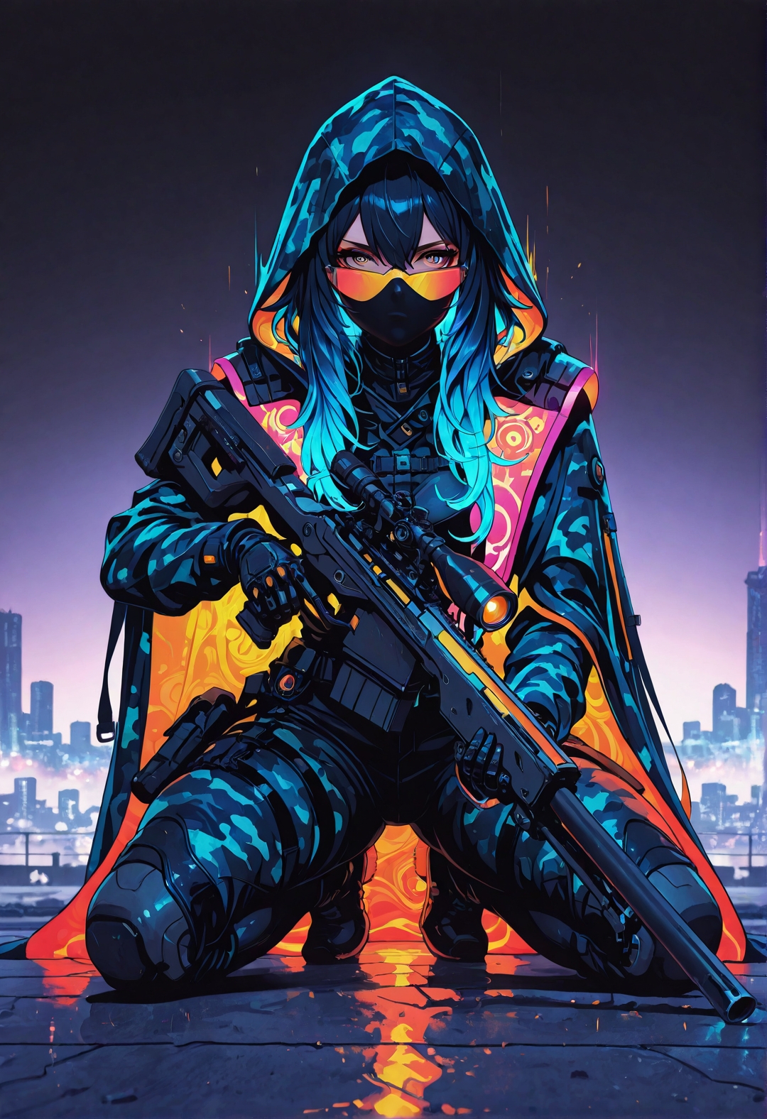 <lora:ck-shadow-circuit-IL:0.78>,
masterpiece, best quality, good quality, very aesthetic, absurdres, newest, 8K, depth of field, focused subject,
frm side, 1girl, kneeling on rooftop, hair between eyes, camouflage glowing hair, long hair, black and neon shades, trigger discipline, sniper rifle,
dramatic lighting, partially illuminated, hood up, intricate design, covered mouth, covered nose, multicolored eyes, orange eyes, blue eyes, gradient eye color, neon cloak, neon hood,
fusing hyper-realism with stylized exaggeration, intense, glowing saturation, wind effect, motion lines, fractal shaped building, in the style of cknc, in the style of ck-rw
<lora:MoriiMee_Gothic_Niji_Style_Illustrious_r1:0.45>
<lora:ck-neon-retrowave-IL:0.7>
 <lora:ck-nc-cyberpunk-IL-000011:0.3>