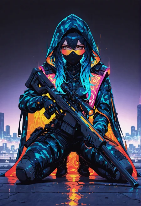 <lora:ck-shadow-circuit-IL:0.78>,
masterpiece, best quality, good quality, very aesthetic, absurdres, newest, 8K, depth of field, focused subject,
frm side, 1girl, kneeling on rooftop, hair between eyes, camouflage glowing hair, long hair, black and neon shades, trigger discipline, sniper rifle,
dramatic lighting, partially illuminated, hood up, intricate design, covered mouth, covered nose, multicolored eyes, orange eyes, blue eyes, gradient eye color, neon cloak, neon hood,
fusing hyper-realism with stylized exaggeration, intense, glowing saturation, wind effect, motion lines, fractal shaped building, in the style of cknc, in the style of ck-rw
<lora:MoriiMee_Gothic_Niji_Style_Illustrious_r1:0.45>
<lora:ck-neon-retrowave-IL:0.7>
 <lora:ck-nc-cyberpunk-IL-000011:0.3>
