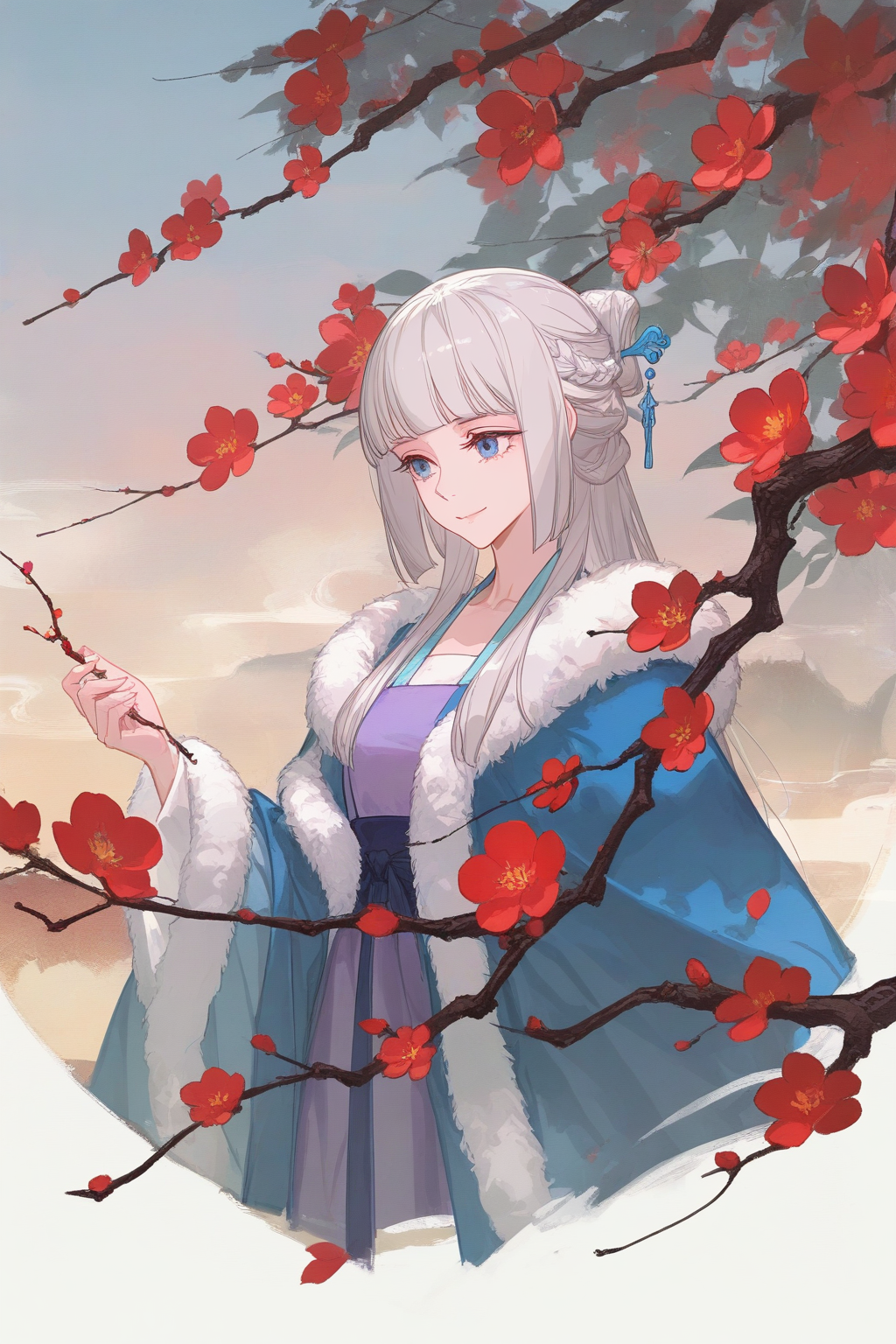 artist:ask_(askzy),artist:yolanda,[artist:WANKE],artist:ciloranko,multicolored,<lora:fenglingyuxiu-000018:0.6>, -fenglingyuxiu, 1girl, solo, blue eyes, branch, long hair, hair ornament, holding, flower, fur trim, closed mouth, white hair, red flower, braid, upper body, chinese clothes, grey hair, smile, hanfu, long sleeves