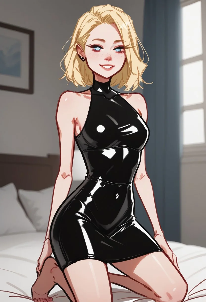 <lora:dijor-v2:1> dijor, sketched, score_9, score_8_up, score_7_up,
1girl, 
expresiveh, flirtatious look, perfect face, smile,
light blue eyes, 
blonde, 
slender figure, 
latex skirt, 
kneels,
cinematic lighting, 
bedroom,