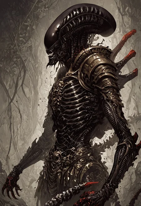 score_9, score_8_up, score_7_up, score_6_up, score_5_up, score_4_up,<lora:Fant5yP0ny:0.8>, xenomorphic creature from Lords of the Fallen, black templar armor, gold sword of Pieta, solo, gold eyes, blood on face, art by hr giger,