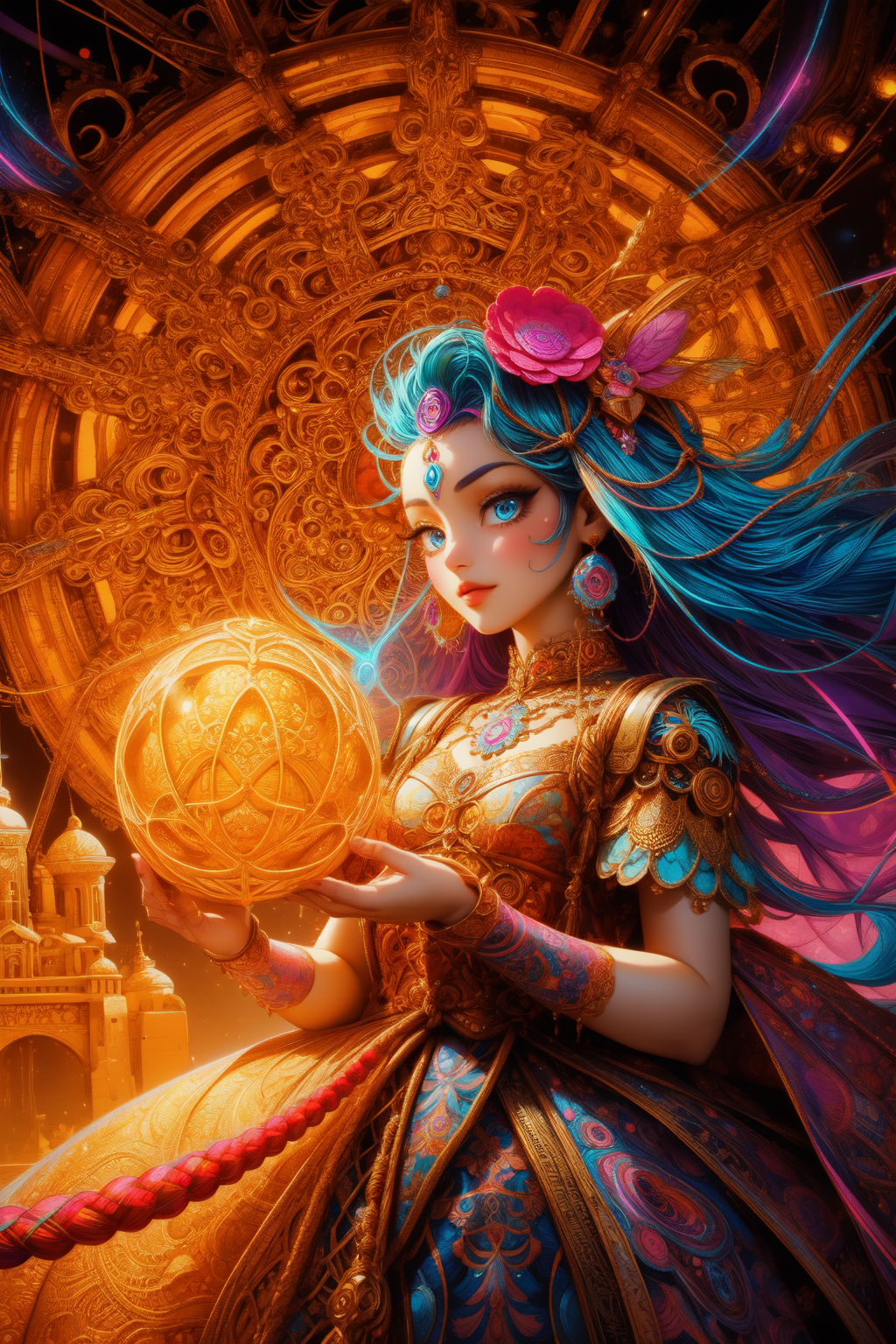 1girl, Terracotta, Dollpunk, Oversaturated, Mandala, Neon Light, alebrije art, Nihilcore, Vibrant Color, Luminism, Rembrandt lighting, Shaky [Feigned:Captivating:7] traditional [Guatemalan|Atomic Age] ([Entertainment center:Rope Bridge:4] of Memory:1.3) , it is anthropomorphic reimagined as a Disney movie princess character, it is engraved with Azure and electric orange details, Decora, Kodak Ektar, dreamy, flat lighting, Thriftcore, Warm Colors, matte, short lighting, Doodle Art style, Saturated, glimmering transformation, Reflected light