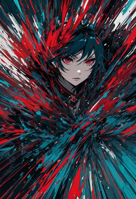art by Gorillaz and Yu Rong, bold lines,
twinkling and distressed atmosphere with motion blur, proficient details,
(cobalt teal and pyrrole red colors:0.1), (center composition:0.1),