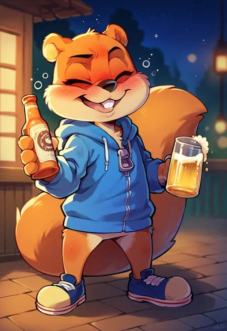 score_9, score_8_up, score_7_up, score_6_up, source_furry, solo, dof, full-length portrait, blurred background, <lora:CHARACTER_CONKER:1> conker, blue hoodie, night time, staggering, drunk, holding beer bottle, ally, night,