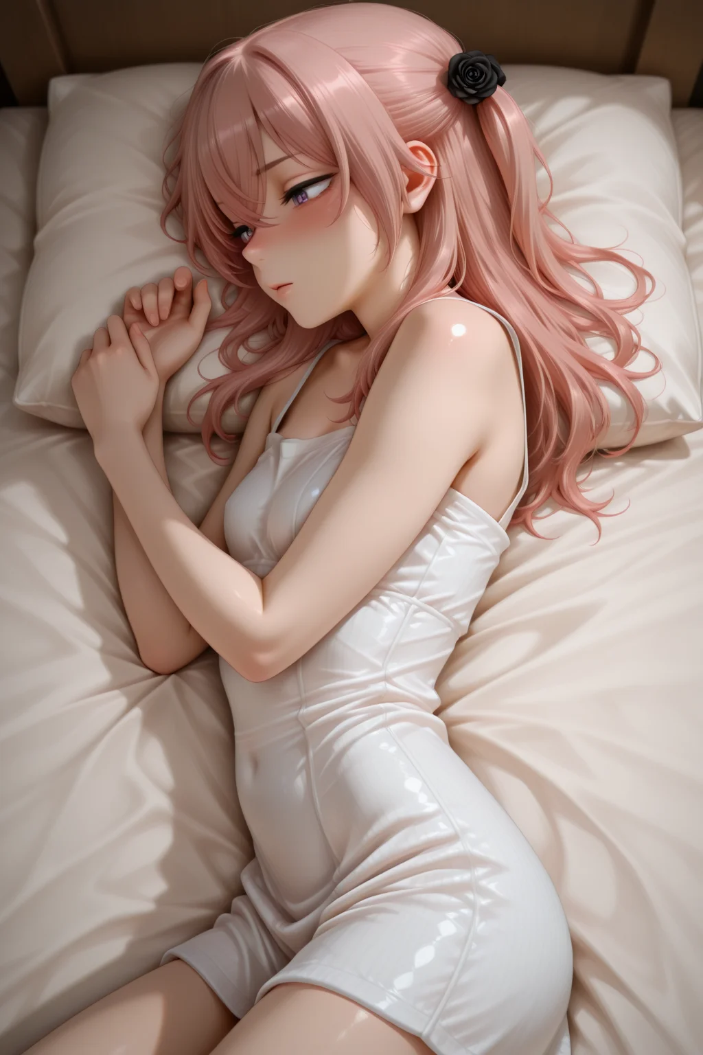 masterpiece, best quality, amazing quality, 1girl, solo, makeup, general, looking at viewer, blush, cowboy shot, on bed, lying, from side, drunk, <lora:sajuna-inui-s1-illustriousxl-lora-nochekaiser:1>, sajuna inui, inui sajuna, long hair, bangs, hair ornament, hair between eyes, pink hair, pink eyes, two side up, crossed bangs, black flower, black rose, mature female, small breasts, <lora:Silkform_Illusion_Negligee:1>, Silkform_Illusion_Negligee, dress, white dress, short dress, tight dress, bare shoulders, bare arms, sleeveless, covered navel, shiny clothes, spaghetti strap, <lora:wai-2Rectified-V140:1>, <lora:illustrious_noobai_epsilon_pred_1_masterpieces_v1:1>