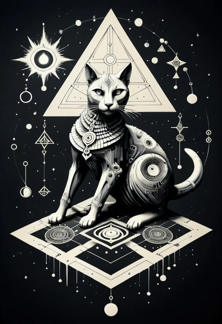 a drawing of Lunar Anubis, cat performing alchemy of etheral symbol quintessence, (one paw raised showing the eye of chemigram:1.1 eye of hamesh (with rays coming out of it), OverallDetail forging cluster astral keys.<lora:UFO_Alchemy_sdxl:1.0>,( <lora:symmetrical:1.5> (negative space tetrahedal trees ((revelation of method,PStyl3 )), <lora:Maximalist_Drawing_BW:0.2>)), (map QuinnMora, HaroldFiskMeander background:1.4), framesmade of checkerboard layer, , no human, ((sigil of pyramid, sigil of great power, frames cube FancyTurning:1.5), (three planes) X Y Z in occult space