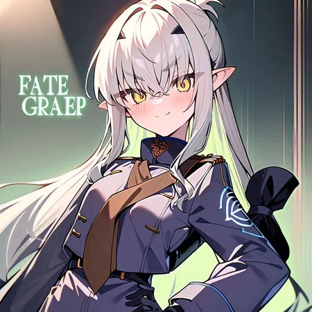 1girl, Melusine \(fate grand order\), fate grand order, solo, long hair, hat, white hair, pointy ears, yellow eyes, peaked cap, jacket, black gloves, hand on own hip, closed mouth, hair over one eye, looking at viewer, brown necktie, large breasts, eyes visible through hair, smile, long sleeves, ponytail, gloves, upper body, light green hair, character name, necktie, breasts, english text, blush, black headwear, white jacket, 
masterpiece,best quality,  newest, absurdres, safe <lora:ag31_twin_fp8-000036:1>