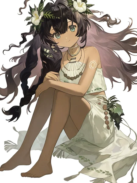1girl,fatutu,looking at viewer,smile,solo,white background,simple background,,sitting,barefoot,<lora:fatutu-000012:1>, masterpiece, best quality, very aesthetic, absurdres,newest, incredibly absurdres,