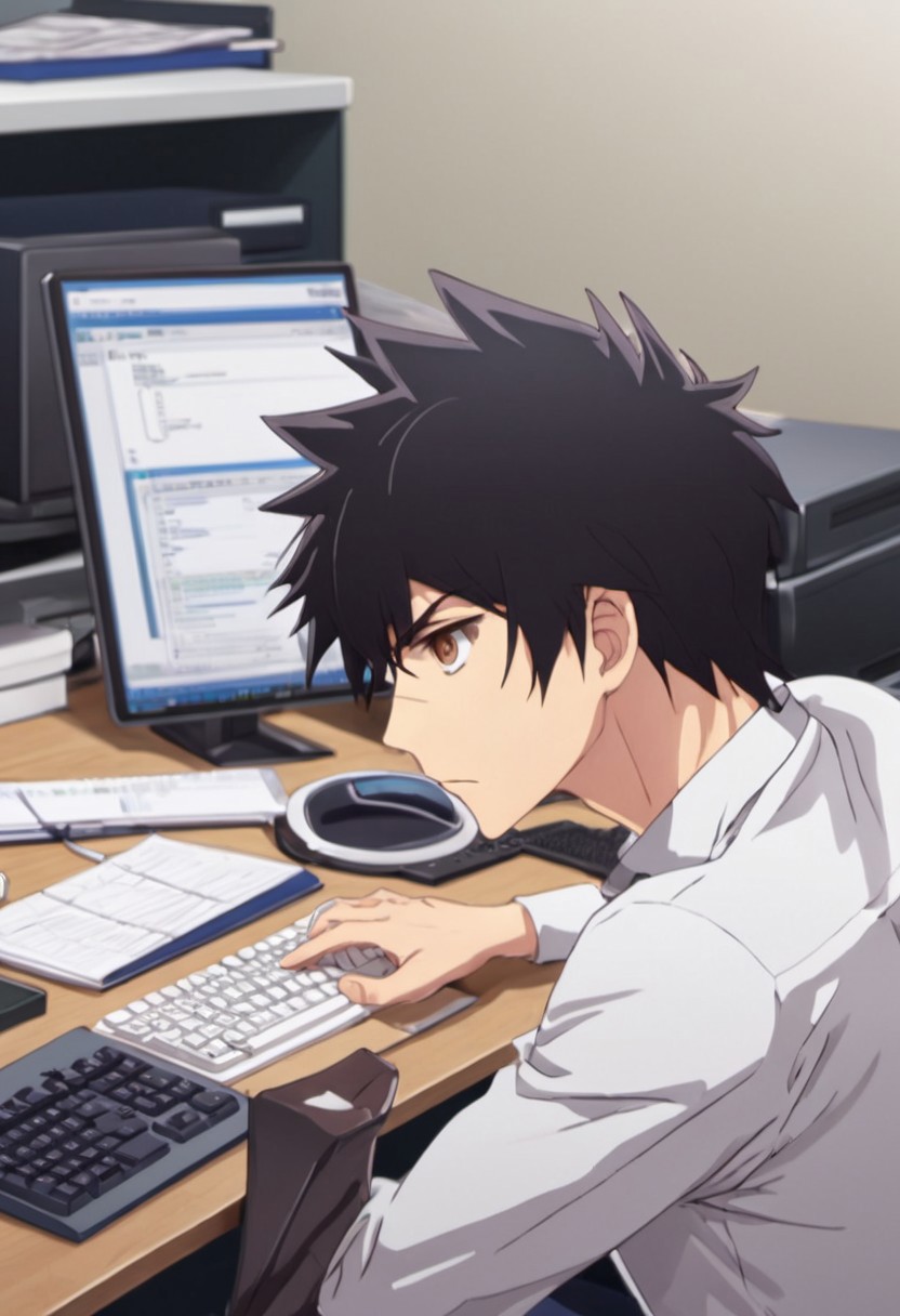 high resolution, solo, best quality, 1Boy, Kanata Hoshijima, Black hair, Brown Eyes, Office, desk, computer, deadlines,
