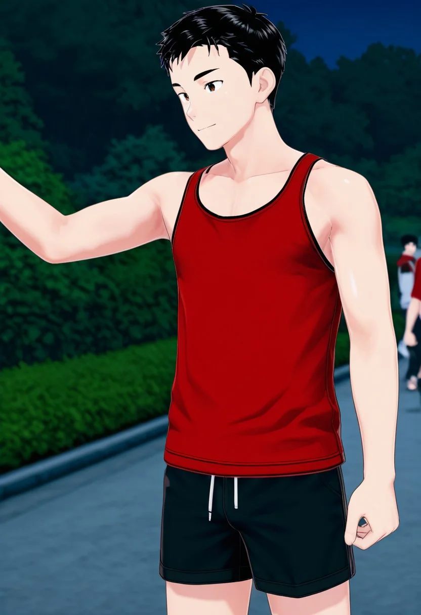 harmard, black hair, short hair, brown eyes, 1boy, solo, solo focus, red tank top, black shorts, young man, youthful, outdoor, at night day