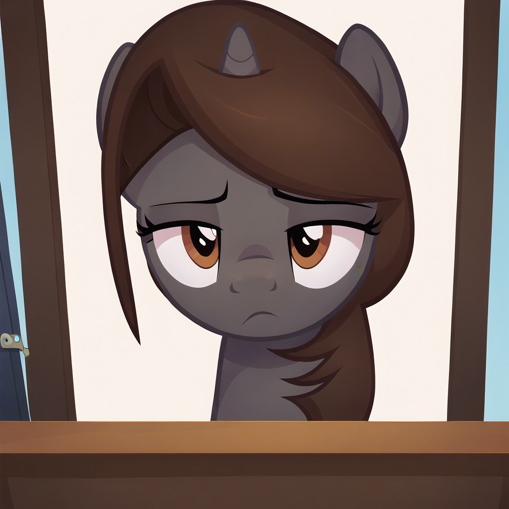 masterpiece, perfect detail, best high quality, source_pony, show accurate, cute, 1girl, solo, female, oc:sonata, pony, detention center, prison, behind glass, sitting, sitting in chair, behind desk, frown, barred window in background, security camera on ceiling, dejected frown, sad, lidded eyes, beautiful, looking down, pov in front of glass, score_9, score_8_up, score_7_up, score_6_up, score_5_up, score_4_up