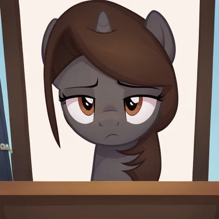 masterpiece, perfect detail, best high quality, source_pony, show accurate, cute, 1girl, solo, female, oc:sonata, pony, detention center, prison, behind glass, sitting, sitting in chair, behind desk, frown, barred window in background, security camera on ceiling, dejected frown, sad, lidded eyes, beautiful, looking down, pov in front of glass, score_9, score_8_up, score_7_up, score_6_up, score_5_up, score_4_up