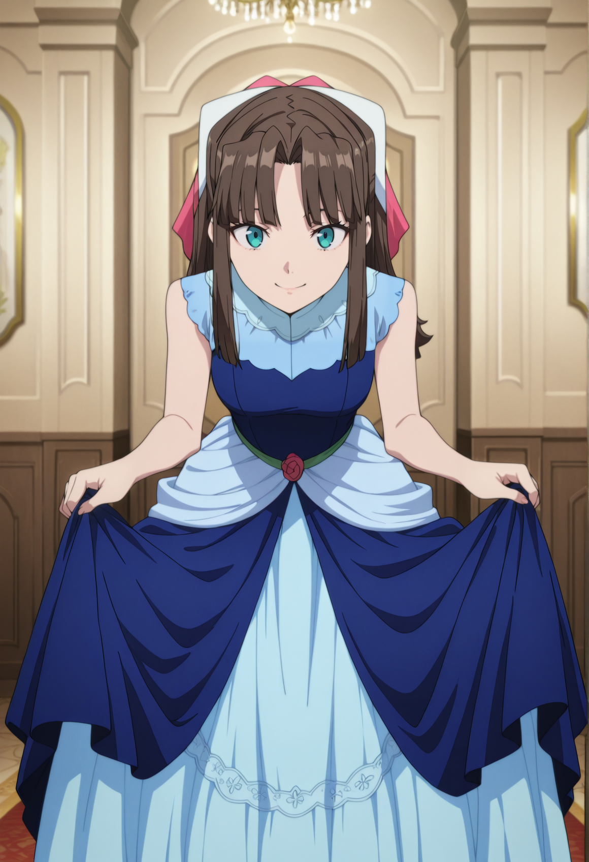 anime screenshot, anime screencap, anime coloring, 1girl, brown hair, aqua eyes, hair ribbon, sidelocks, blue dress, sleeveless, skirt hold, bowing, indoors, ballroom, looking at viewer, smile <lora:Maria_seikishi:1>, masterpiece, best quality, amazing quality, very aesthetic, absurdres, highres, newest