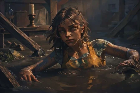 1 woman, thug, detailed texture, an oil painting,
partially submerged
looking at the viewer,
realistic illumination
aesthetic composition
in style of Gustave Dor