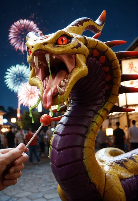 <lora:venomancer_v1:0.8>
venomancer_v1,
pokemon (creature), no humans, monster, duel monster,
dragon, snake,
fangs,spikes, claws, horns, tail,
red eyes, glowing eyes,
teeth, tongue, sharp teeth,
toxic green saliva,
slime (substance)
open mouth, tongue out,, score_9, score_8_up, score_7_up, score_6_up, derpibooru_p_95,
detailed eyes, beautiful, detailed background, perfect eyes,
solo,
fireworks display, night festival, Japanese night festival, bright fireworks,, seductive pose, seductive look, holding a lollipop in a suggestive manner,
blur censor, blurry, blurry background, blurry foreground, bokeh, motion blur,
chromatic aberration, depth of field, figure, focused, focus
photography, realistic sun light and shadows, photorealism, UHD --ar 9:16 --style raw --stylize 700,