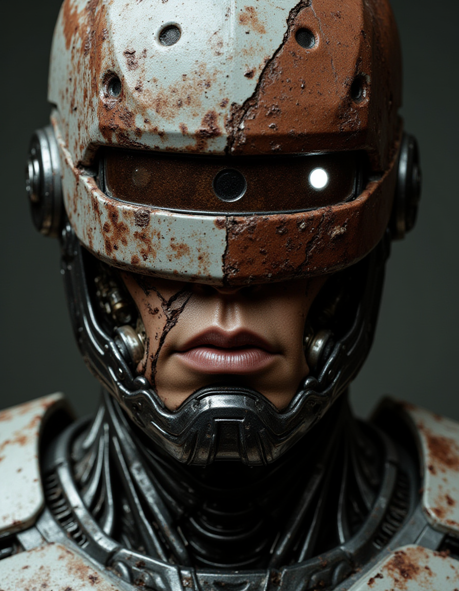 extreme close-up, Kodak Ektar 100, flat lighting, X-Ray Photography, in focus effect, bounced lighting, leica m3 analog, cinestill 800t, ((a close-up portrait)) robocop, a dilapidated Zandalari with mechanical armor, stained with blood and dust. detailed metal textures, scars, damaged implants. Miserable dystopian atmosphere, aggressive lighting with cold glare. darksyber aesthetic, photorealistic style, head portrait, (macedonian:1.15) , (blue eyes:1.05) , (burgundy lips:1.05) , (closed lips:1.05) , round face-shape, (wavy hair style:1.05) , (Bamboo hair color:1.05) , (Mayahuel hair length:1.05) , A close up view of the face of a robot. The robot's face is covered in Silver and electric red paint. The eyes of the robot are covered in Ice Platinum paint. There is a large circle in the center of the head that is black in color. There are ridges of the metal around the robot's neck and around the neck. The figure's neck is made up of a series of ridges and bumps that run vertically. The face of the figure is covered by the intricate paint.