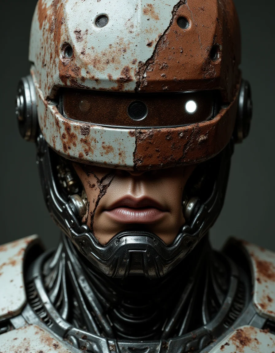 extreme close-up, Kodak Ektar 100, flat lighting, X-Ray Photography, in focus effect, bounced lighting, leica m3 analog, cinestill 800t, ((a close-up portrait)) robocop, a dilapidated Zandalari with mechanical armor, stained with blood and dust. detailed metal textures, scars, damaged implants. Miserable dystopian atmosphere, aggressive lighting with cold glare. darksyber aesthetic, photorealistic style, head portrait, (macedonian:1.15) , (blue eyes:1.05) , (burgundy lips:1.05) , (closed lips:1.05) , round face-shape, (wavy hair style:1.05) , (Bamboo hair color:1.05) , (Mayahuel hair length:1.05) , A close up view of the face of a robot. The robot's face is covered in Silver and electric red paint. The eyes of the robot are covered in Ice Platinum paint. There is a large circle in the center of the head that is black in color. There are ridges of the metal around the robot's neck and around the neck. The figure's neck is made up of a series of ridges and bumps that run vertically. The face of the figure is covered by the intricate paint.