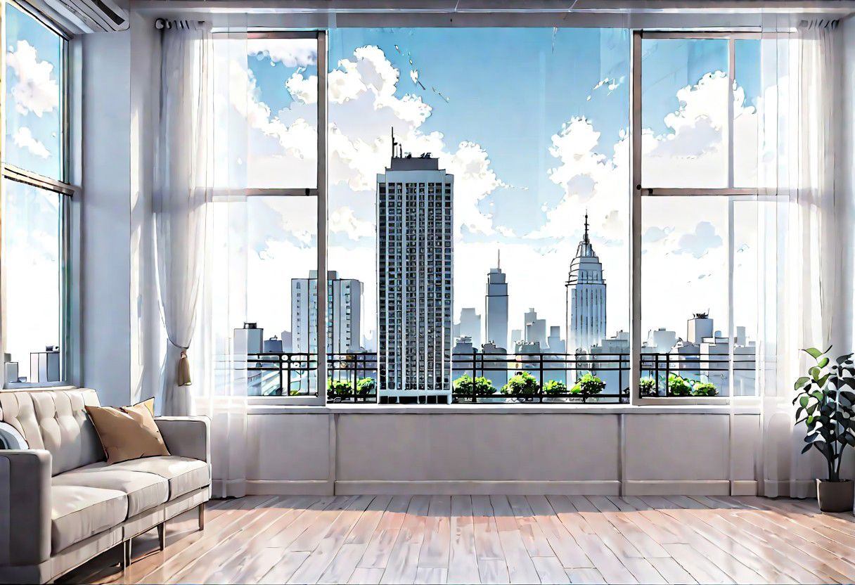 ((((front view)))), Shallow scene, ((animation style)), (((City high-rise building scenery))), ((((City scenery outside the window)))), (Facing the window), (open window), modern-style interior, Wooden floor, with white walls, (large windows), a living room, sofa and coffee table by the window sill, Sofa placed horizontally, noon, clear sky, low saturation