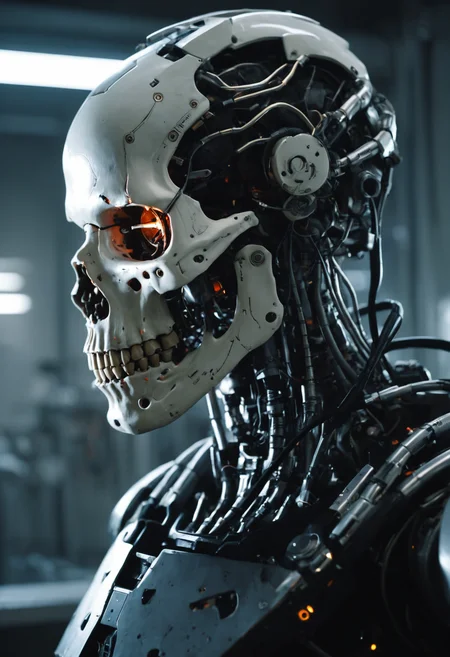 Cyberpunk, sci-fi, dark-fantasy, kodak portrait 400, 8k, soft light, volumetric lighting, highly detailed, britt marling style 3/4, portrait photo of a war man cyborg robot in a chemical laboratory + face, face is skullbone with scares, intricate, elegant, highly detailed, devil-armor, 2D motifs detailed dark fantasy digital painting, artstation, concept art, smooth, sharp focus, illustration, art by Otomo Katsuhiro and ShirÅ Masamune and Oshii Mamoru. Cosmic light in backfront