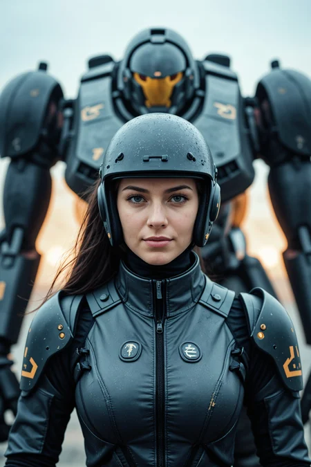 cinematic film still portrait of a solo female mech pilot standing in front of her (large combat mech:1.3), scifi armor, military base, heavy rain, full scifi helmet, visor,
,, shallow depth of field, vignette, highly detailed, high budget Hollywood film, bokeh, cinemascope, moody, epic, gorgeous, film grain ,caldariflux, (slight smile:0.9).
RAW photo, masterpiece, photorealistic, 8k, stunning eyes, skin detail, skin pores, blemishes