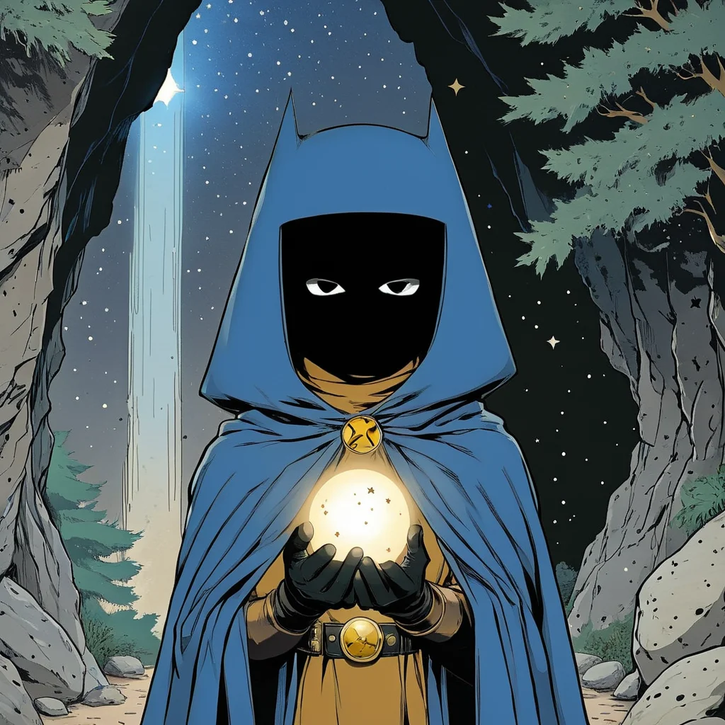 <lora:Retro_Anime_Flat_ColorsSDXL:1> ArsMJStyle, Retro Anime Flat Colors, The image shows a person wearing a blue cloak and a black mask with a gold star on it. The person is standing in front of a cave entrance with trees and rocks on either side. The background is dark and there are small white stars scattered across the sky. In the person's hands they are holding a golden orb with a star on top. The orb appears to be glowing giving the impression that the person is holding it in their hands., solo, male focus, 1boy, gloves, belt, hood, star (sky), cape, sky, tree